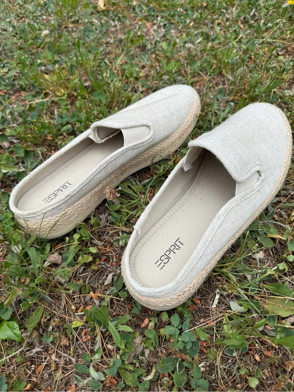 Esprit Neema Natural Linen Espadrille Mules Slip On Flats EUC, 8.5 Women’s